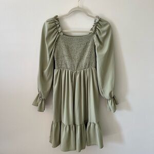 Sage Green Smocked Square Neck Dress